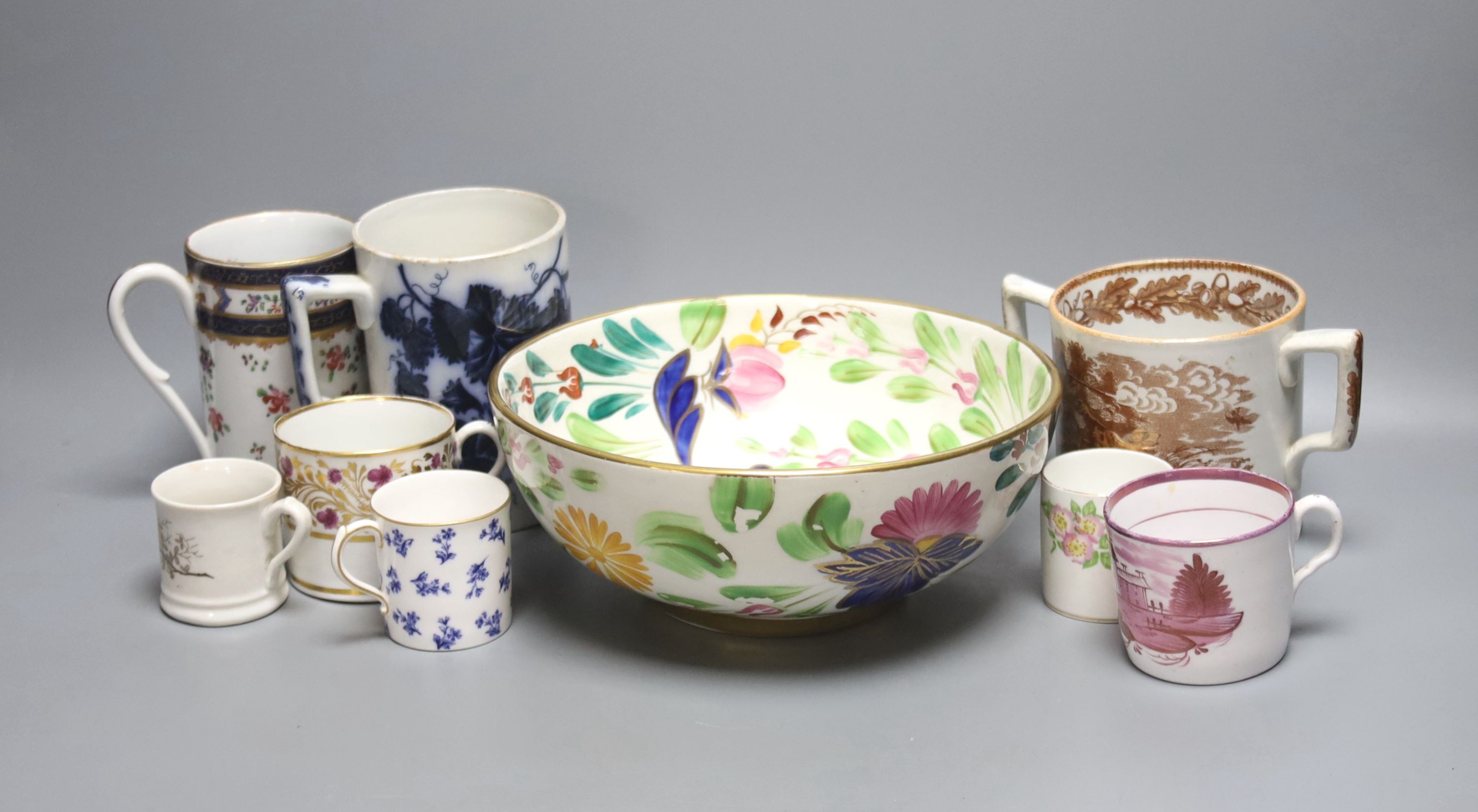 A group of ceramic mugs and cans, including a Samson of Paris armorial mug, 11.8cm and a Welsh gaudy style bowl